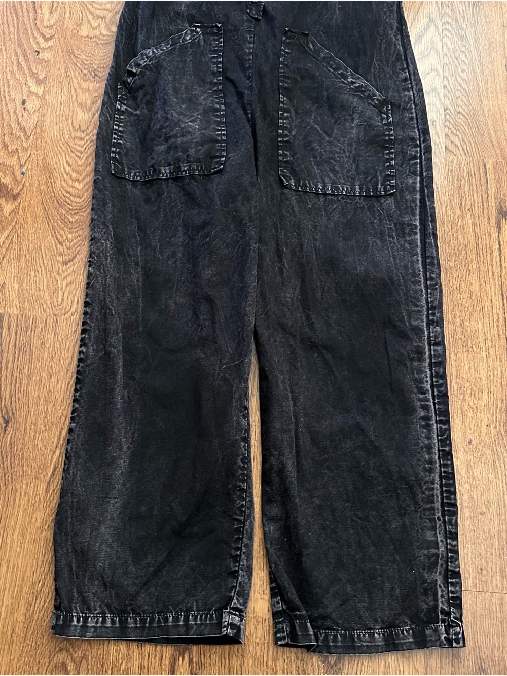 LACAUSA Black washed short sleeve front pockets XS cotton wide leg jumpsuit - Picture 4 of 11